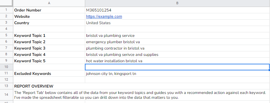 seo example spreadsheet