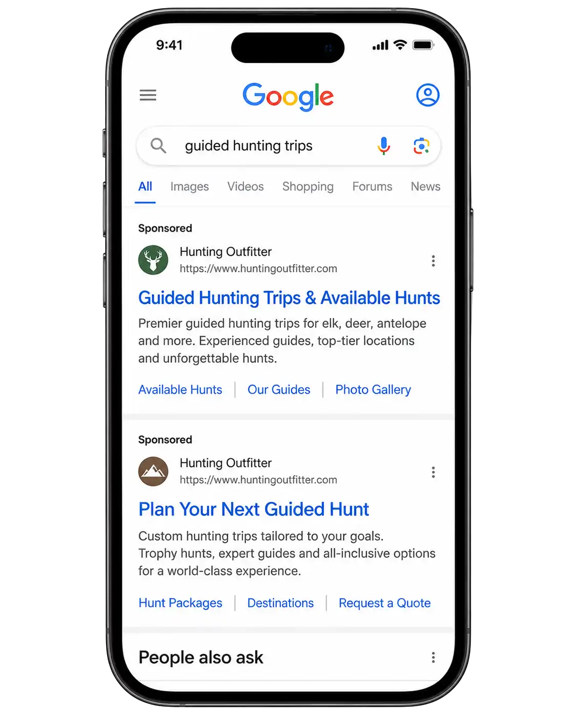 Smartphone Displaying Guided Hunting Search Results-V2 google ads for more hunting trips